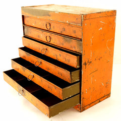 Vintage Industrial Metal Parts Cabinet, 7 Drawers in Bright Orange (c.1950s) - thirdshift