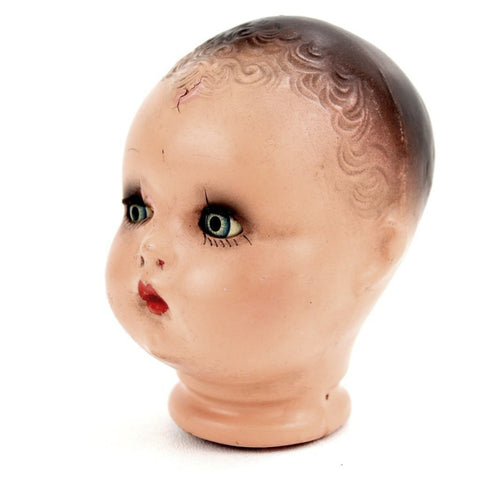 Vintage Composition Baby Doll Head with Sleep Eyes and Molded Hair, 4" tall (c.1920s) - thirdshift