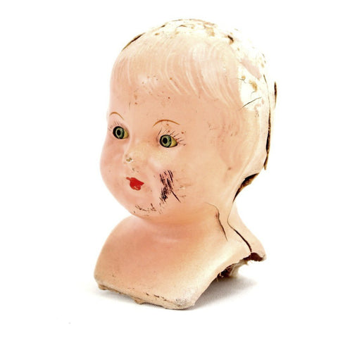 Vintage Composition Baby Doll Head with Sleep Eyes and Molded Hair, 6" tall (c.1920s) - thirdshift