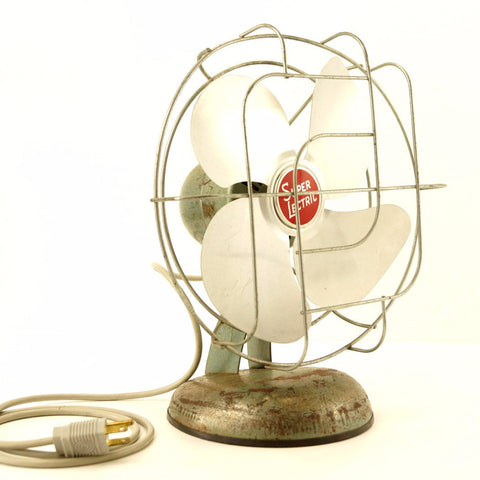 Vintage Industrial Super Lectric Open Cage Fan, Silver Aluminum Blades (c.1950s) - thirdshift