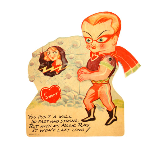 Vintage Valentine's Day Card with Die Cut Super Hero with Movable Cape (c.1940s) - thirdshift