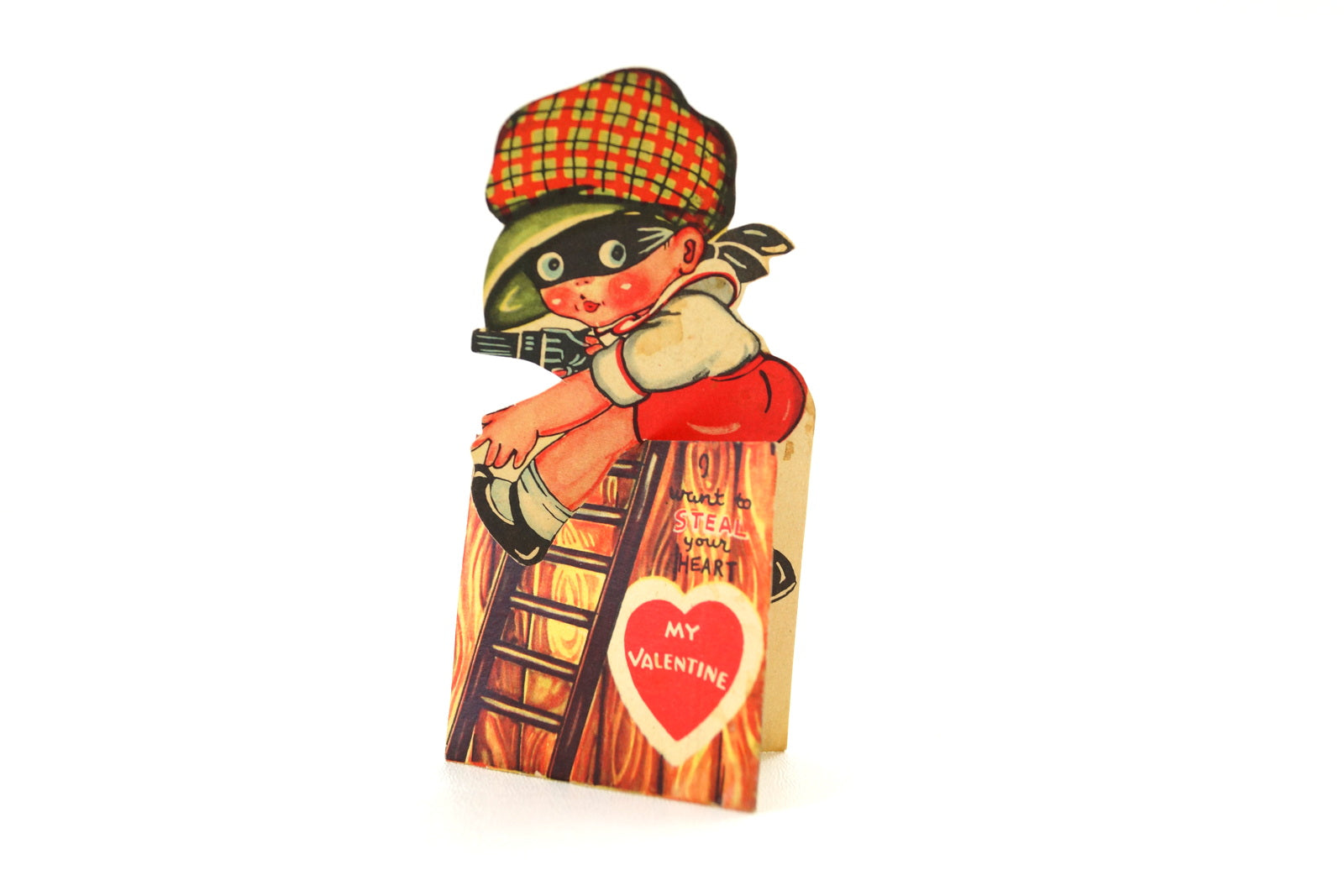 Vintage Valentine's Day Card with Die Cut Fold-Out Burglar and Ladder –