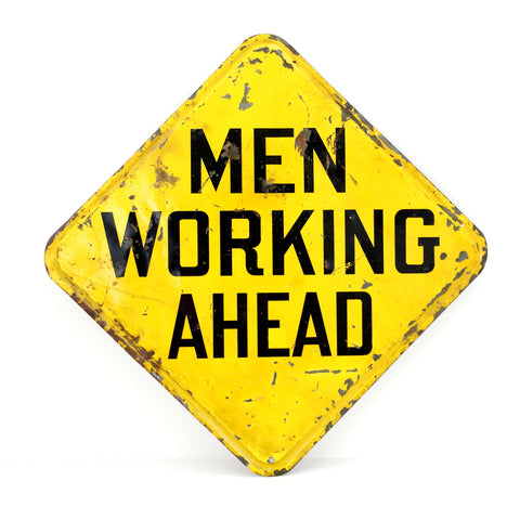 Vintage Metal "Men Working Ahead" Sign in Yellow and Black (c.1970s) - thirdshift