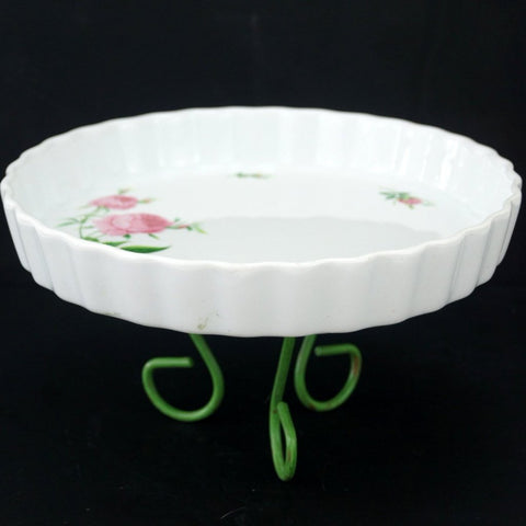 Vintage Fluted Quiche Dish with Pink Roses and Tripod Base by Christineholm (c.1980s) - thirdshift