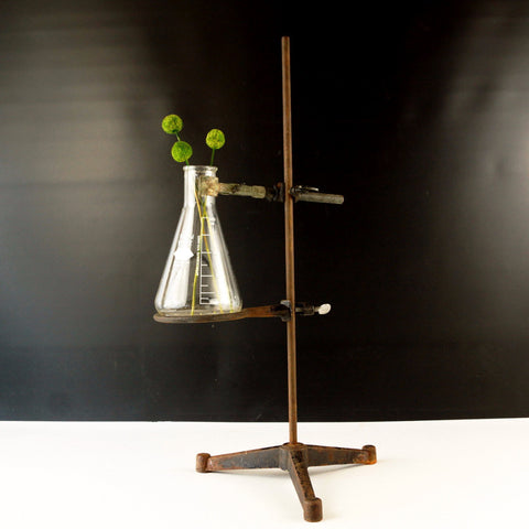 Vintage Industrial Cast Iron Lab Stand with Tripod Base, Clamps, Flask (c.1970s) - thirdshift