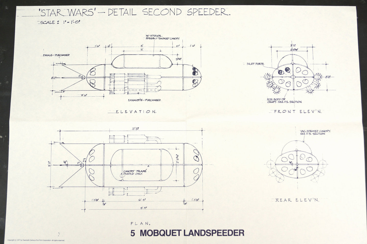 Vintage Star Wars Blueprint for Mobquet Landspeeder (c.1977) N5 Vintage Star Wars Blueprint for Mobquet Landspeeder (c.1977) N5