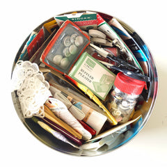 Vintage Sewing Notions and Supplies in Large Tin, 4.8 pounds of notions (c.1960s) - thirdshift