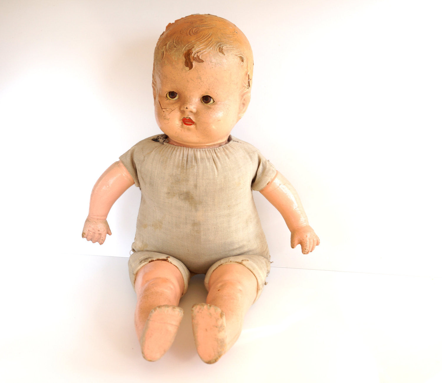 Vintage Sleepy Eye Composition Baby Doll with Molded Hair and Cloth Bo ThirdShiftVintage