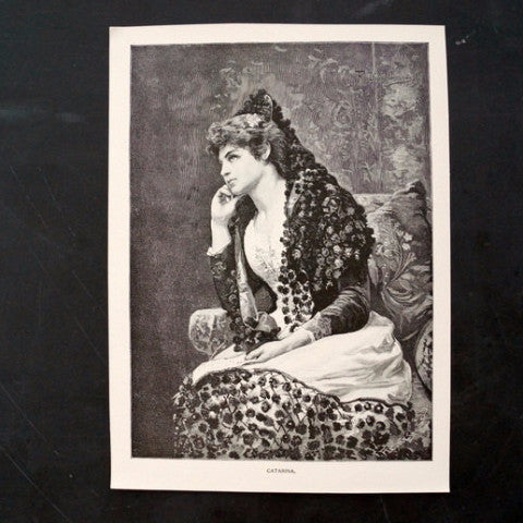 Vintage / Antique Print of a Young Woman titled "Catarina" by F. Diaz Carreno (c.1800s) - thirdshift