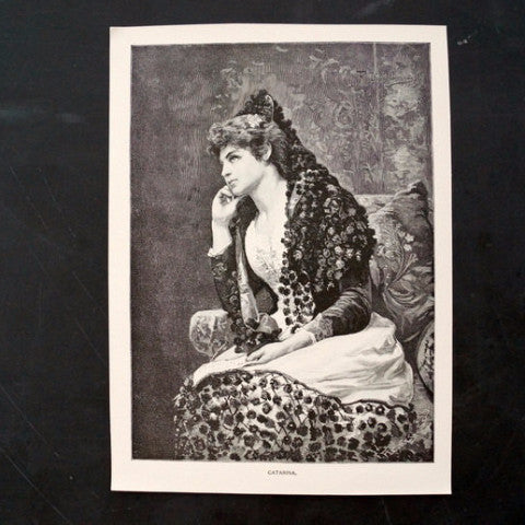 Vintage / Antique Print of a Young Woman titled "Catarina" by F. Diaz Carreno (c.1800s) - thirdshift