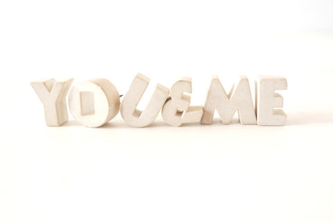 Vintage White Ceramic Push Pins "YOU and ME" (c.1940s) - thirdshift
