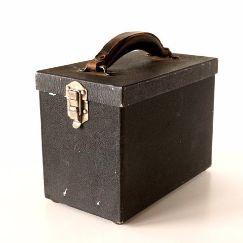 Vintage Black Metal Case / Box with Leather Handle (c.1950s) - thirdshift