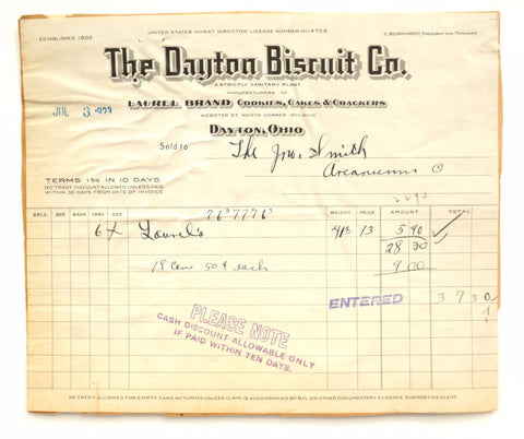 Vintage "The Dayton Biscuit Co." Store Receipt (c.1923) - thirdshift