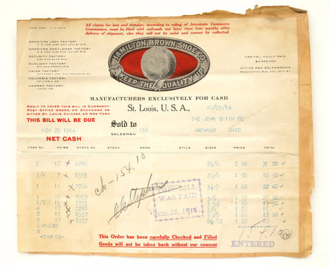 Vintage Hamilton Brown Shoe Co, and Hercules Clothing Co Receipts (c.1914) - thirdshift