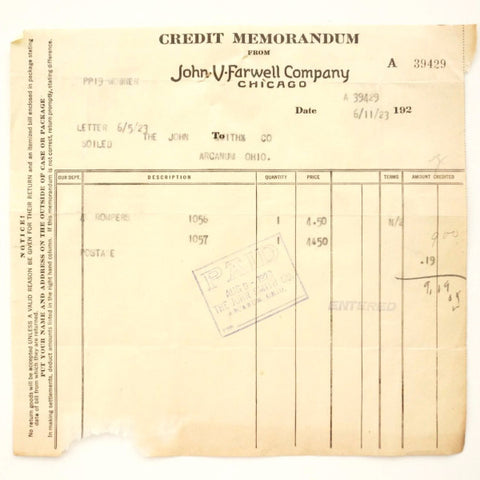 Vintage / Antique John V Farwell Company Receipt (c1923) - thirdshift