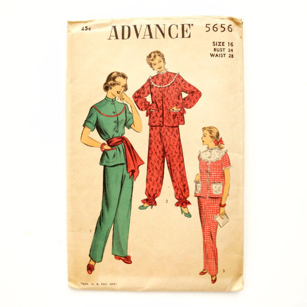 Vintage Advance Pattern 5656, Womens Pajamas, Unused (c.1950s) Womens Size  16