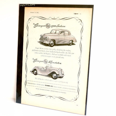 Vintage Singer 1500 Saloon and Singer Roadster Original Print Ad, Period Paper (1952) - thirdshift