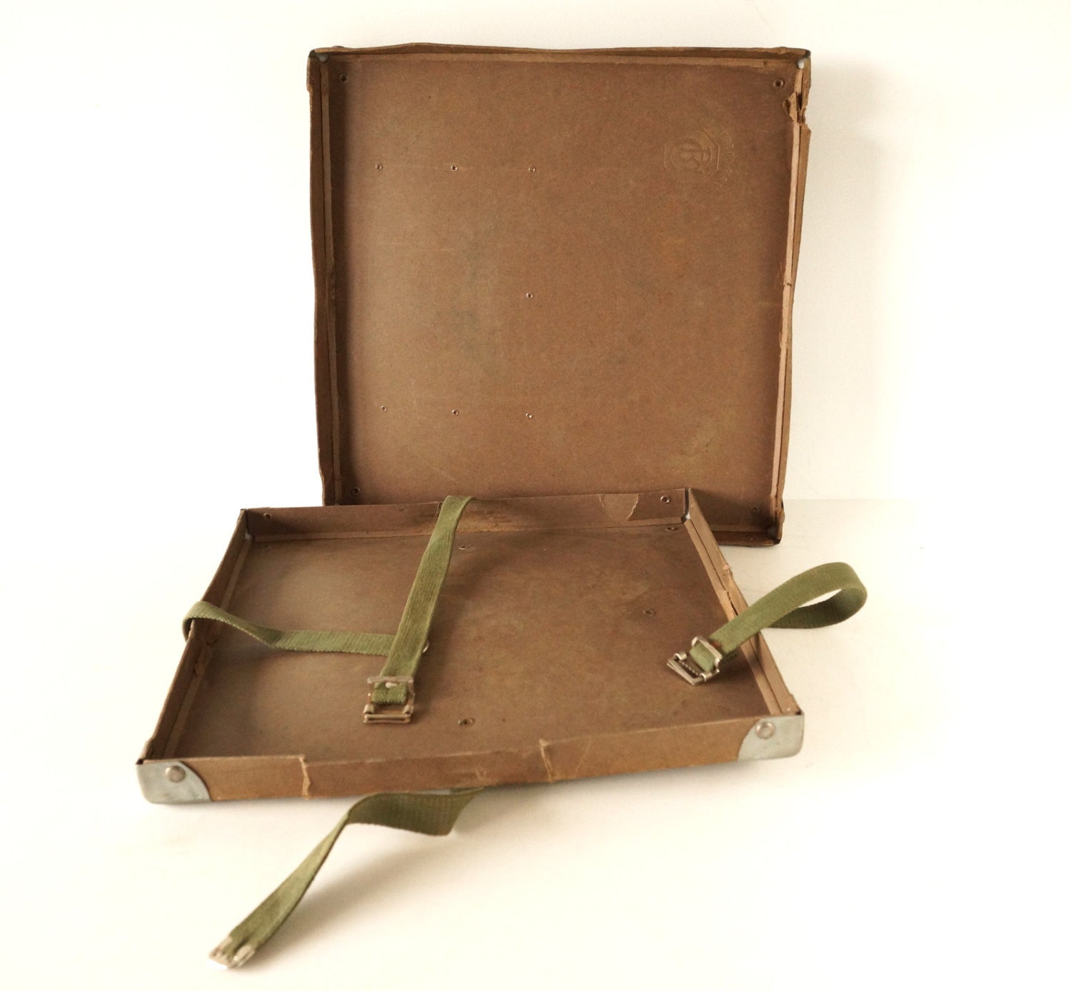 Vintage Film Reel Shipping Box with Green Canvas Straps, 13 square (c –