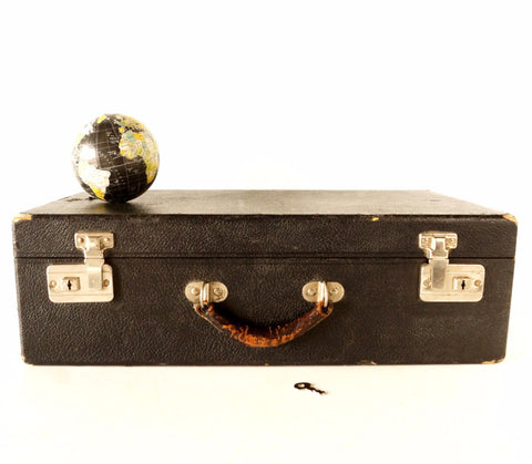 Vintage Black Hard Sided Storage Case with Leather Handle and Key (c.1930s) - thirdshift