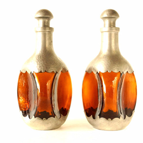 Vintage Amber and Pewter Decanters, Royal Holland Daalderop, Set of 2 (c.1930s) - thirdshift