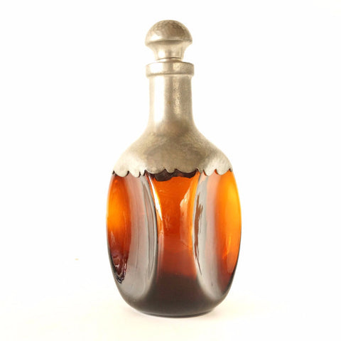 Vintage Royal Holland Pewter Daalderop Pinched Decanter, Amber and Metal (c.1930s) N4 - thirdshift