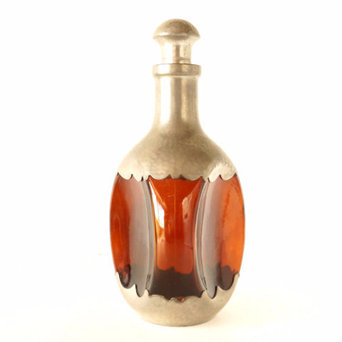 Vintage Royal Holland Pewter Daalderop Pinched Decanter, Amber and Metal N1 (c.1930s) - thirdshift