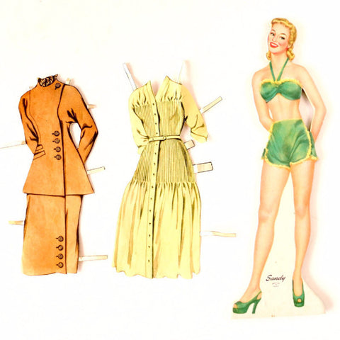 Vintage Wood Paper Doll "Sandy" with Clothing, made by Whitman (c.1940s) - thirdshift