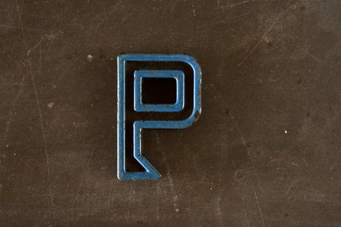 Vintage Industrial Letter "P" Black with Blue and Orange Paint, 2" tall (c.1940s) - thirdshift