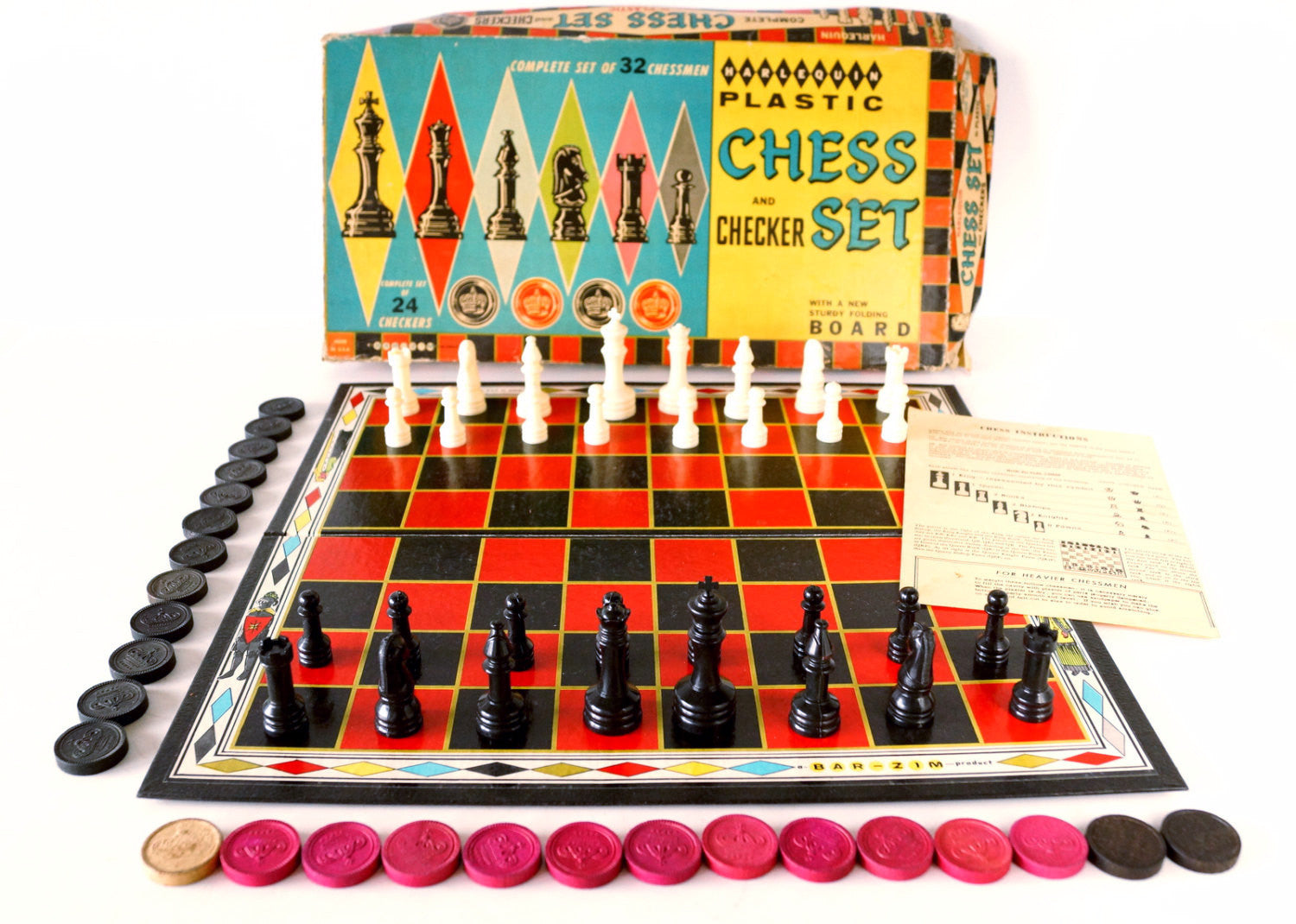 Vintage Harlequin Chess and Checker Set by Bar-Zim (c.1940s Vintage Harlequin Chess and Checker Set by Bar-Zim (c.1940s