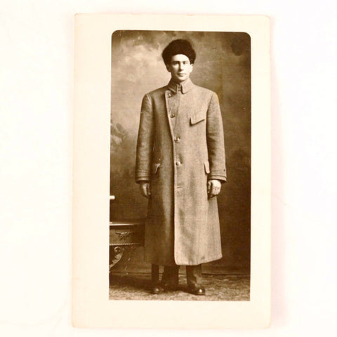 Antique Photo Post Card of Man in Long Coat with Fur Hat (c.1890s) - thirdshift