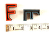 Vintage Industrial Letter "F" Black with Orange and Blue Paint, 2" tall (c.1940s) - thirdshift