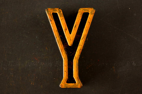 Vintage Industrial Letter "Y" Black with Light Orange and Light Green Paint, 2" tall (c.1940s) - thirdshift