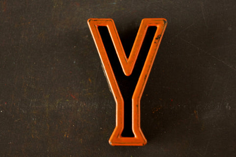 Vintage Industrial Letter "Y" Black with Orange and Blue Paint, 2" tall (c.1940s) - thirdshift