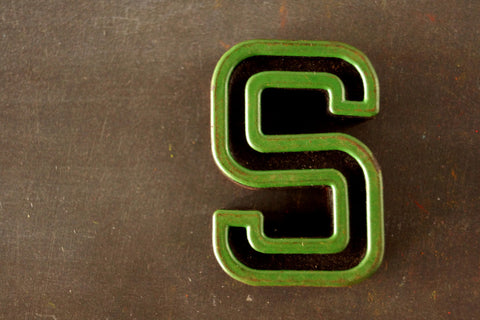 Vintage Industrial Letter "S" Black with Green and Orange Paint, 2" tall (c.1940s) - thirdshift