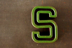 Vintage Industrial Letter "S" Black with Green and Orange Paint, 2" tall (c.1940s) - thirdshift
