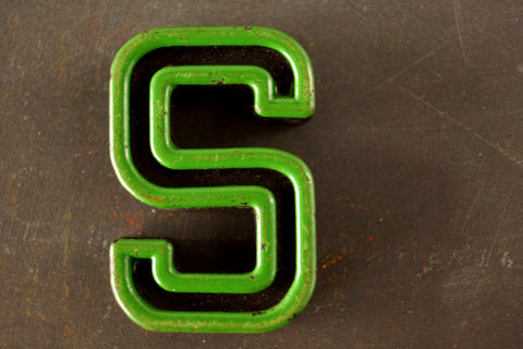 Vintage Industrial Letter "S" Black with Green and Red Paint, 2" tall (c.1940s) - thirdshift