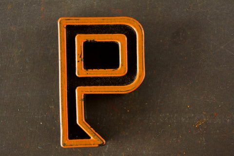 Vintage Industrial Letter "P" Black with Light Orange and Blue Paint, 2" tall (c.1940s) - thirdshift