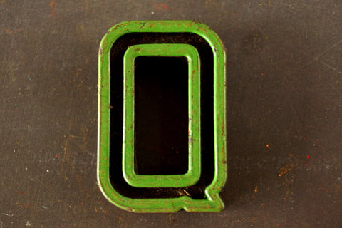 Vintage Industrial Letter "Q" Black with Green and Red Paint, 2" tall (c.1940s) - thirdshift