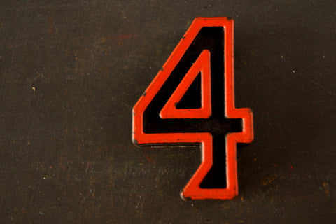 Vintage Industrial Number "4" Black with Orange and Green Paint, 2" tall (c.1940s) - thirdshift