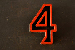 Vintage Industrial Number "4" Black with Orange and Green Paint, 2" tall (c.1940s) - thirdshift