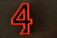 Vintage Industrial Number "4" Black with Orange and Blue Paint, 2" tall (c.1940s) - thirdshift