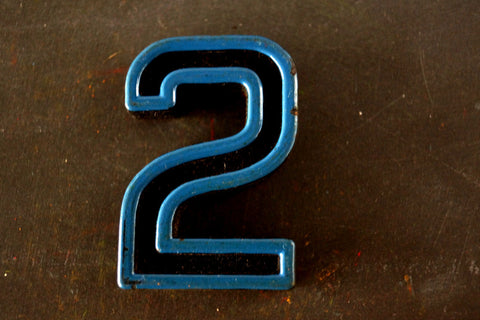 Vintage Industrial Number "2" Black with Blue and Orange Paint, 2" tall (c.1940s) - thirdshift