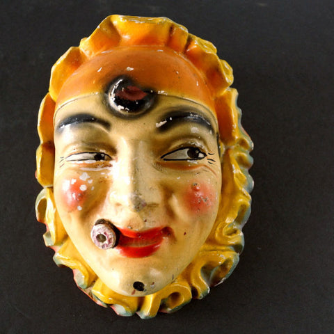 Vintage Smoking Clown Chalkware String Holder Face with Cigar (c.1940s) - thirdshift