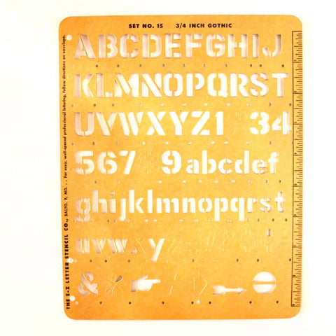 Vintage E-Z Lettering Co. Stencil No. 15 Set (c.1955) 3/4" Gothic Letters and Numbers - thirdshift