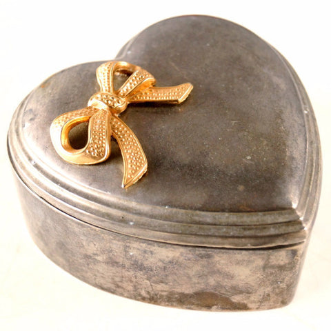Vintage Heart Shaped Trinket Box with Gold Metal Bow (c.1950s) - thirdshift