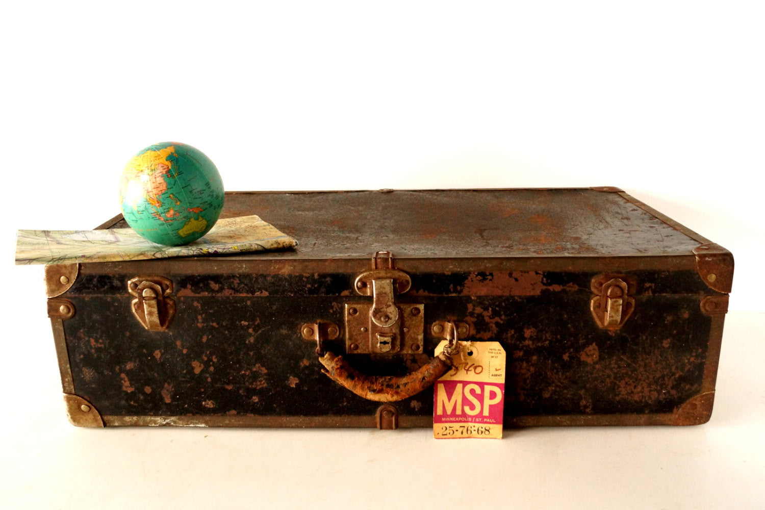 Vintage Black Metal Suitcase Luggage Metal Trim and Leather Handle ThirdShiftVintage