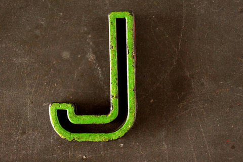 Vintage Industrial Letter "J" Black with Green and Red Paint, 2" tall (c.1940s) - thirdshift