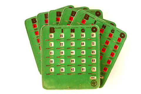 Vintage BINGO Board Cards in Green with See-Thru Red Shutters, PLA-MOR, Set of 6 (1950s) N2 - thirdshift