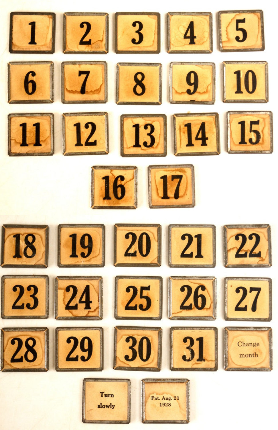 Vintage Metal Number Square Tile "17 / text", Double-Sided (c.1920s) Sepia - thirdshift