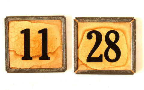Vintage Metal Number Square Tile "11 / 28", Double-Sided (c.1920s) Sepia - thirdshift